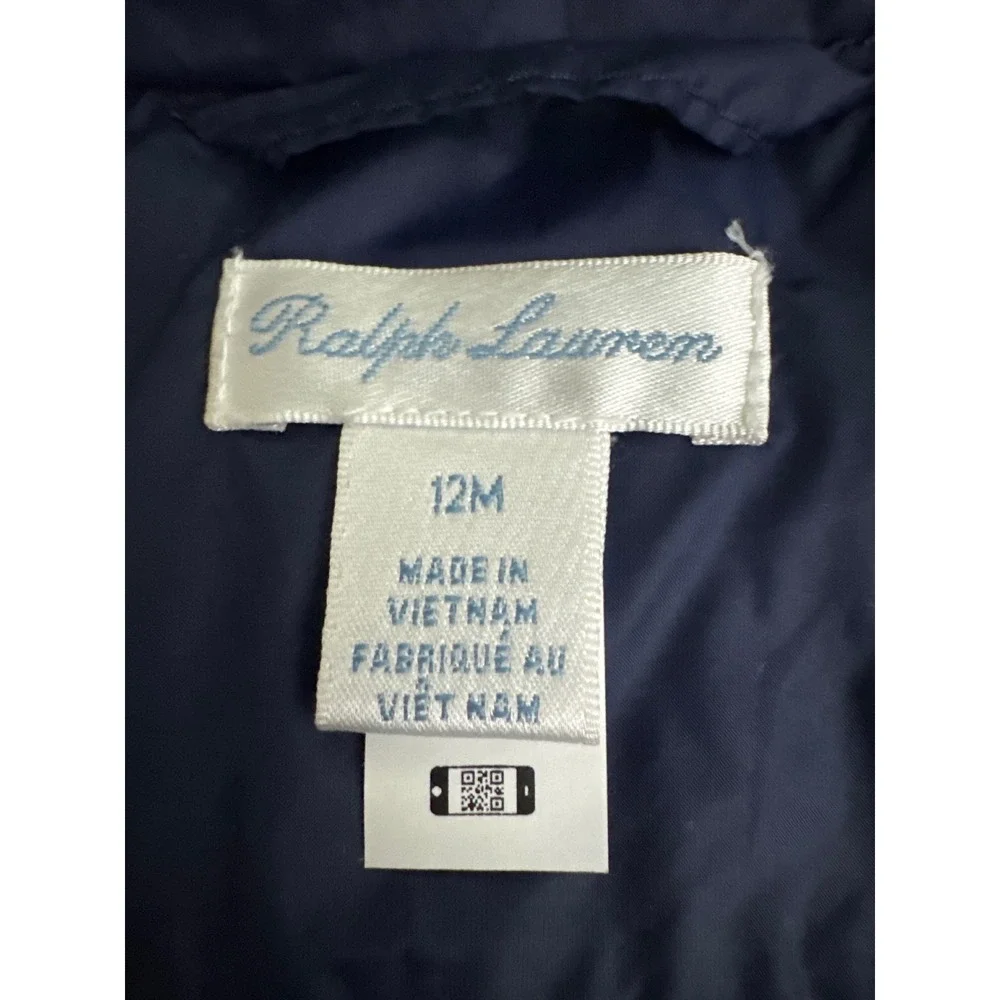 Ralph Lauren Navy Blue Down Puffer Hooded Jacket Size 12 Months Packable Bag